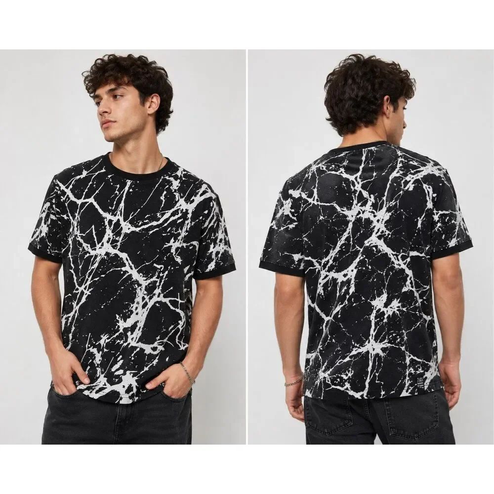 Phat Farm Marble Print T-Shirt Men’s Size M Black White Abstract Graphic Cotton